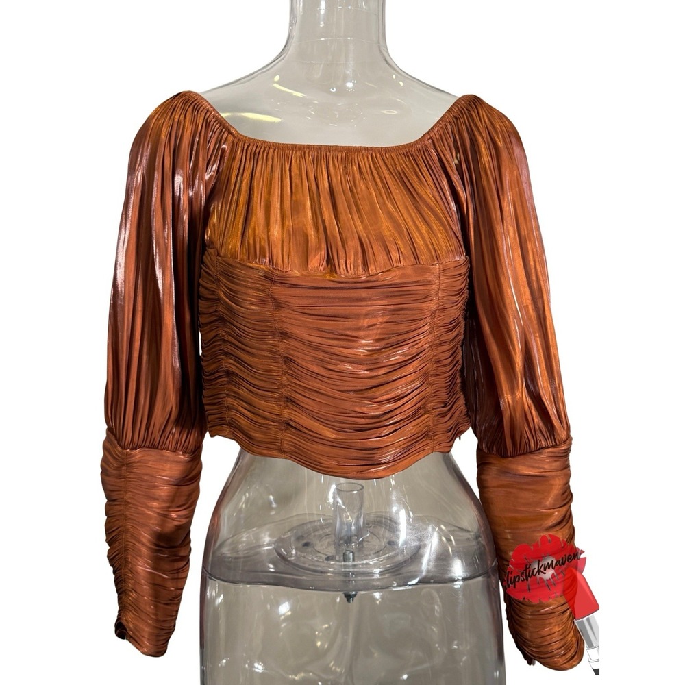 Anthropologie Line And Dot Top Women Medium Bronze Brown Cropped‎ Ruched Peasant